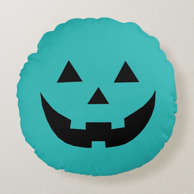 Funny teal Jack o lantern pumpkin ansikte Hallowee Rund Kudde (Framsidan)