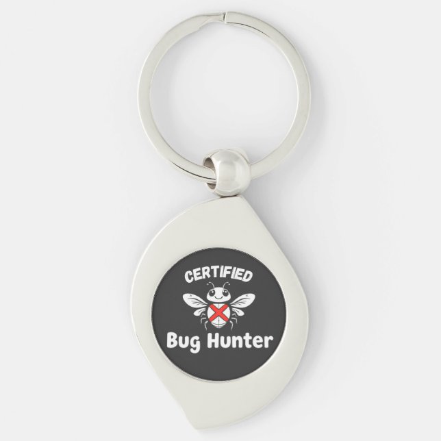 Funny Tech Keychain - "Auktoriserad Kryp Hunter" Swirl Silverfärgad Nyckelring (Framsidan)