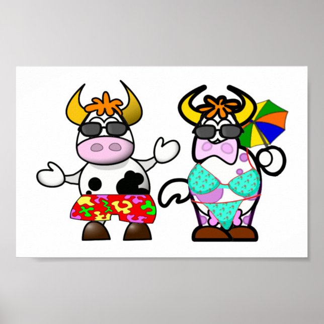 Funny Tecknad Beach Cow Couple Poster (Framsidan)