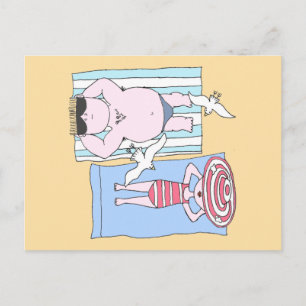 Funny Tecknad Beach Helgdag Sunbathers Vykort