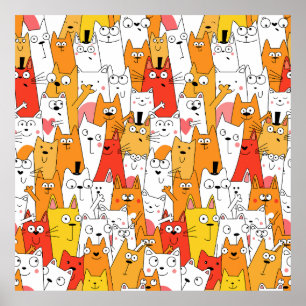Funny Tecknad Cats Group Doodle Poster