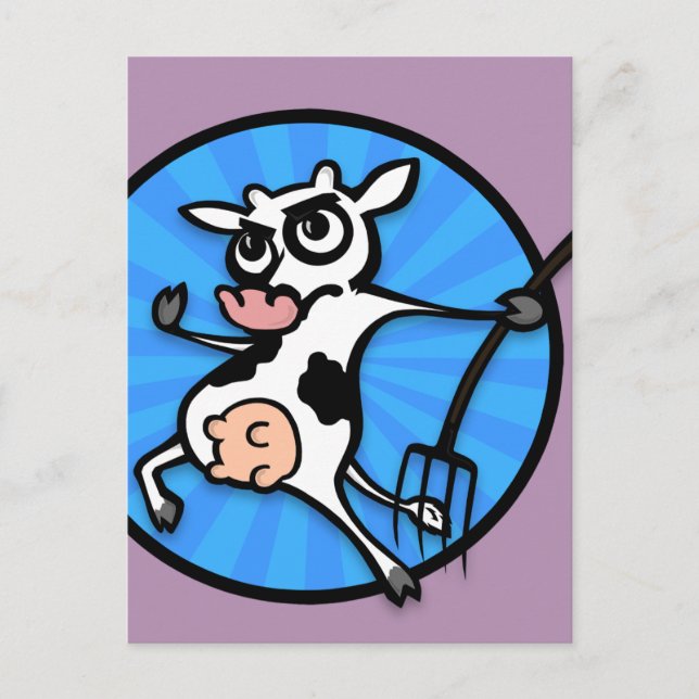 FUNNY TECKNAD COW MED PITCHFORK POSTCARD VYKORT (Framsida)