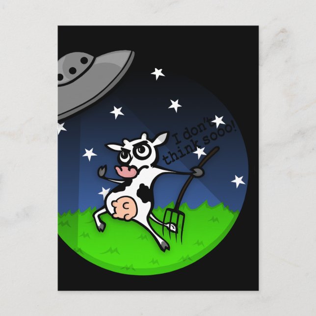 FUNNY TECKNAD COW UFO ABDUCTION POSTCARD VYKORT (Framsida)