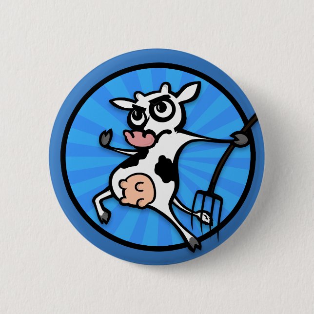 FUNNY TECKNAD COW with PITCH FORK KNAPP (Framsida)