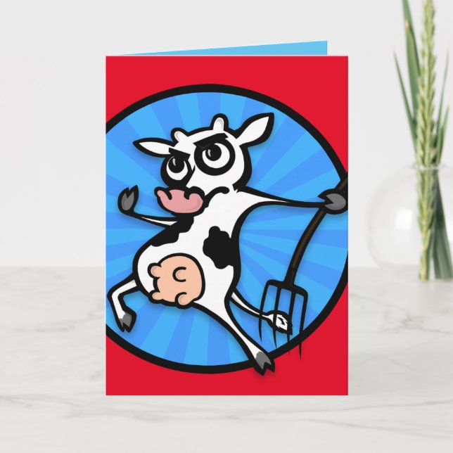 FUNNY TECKNAD COW WITH PITCHFORK GREETARD KORT (Framsida)