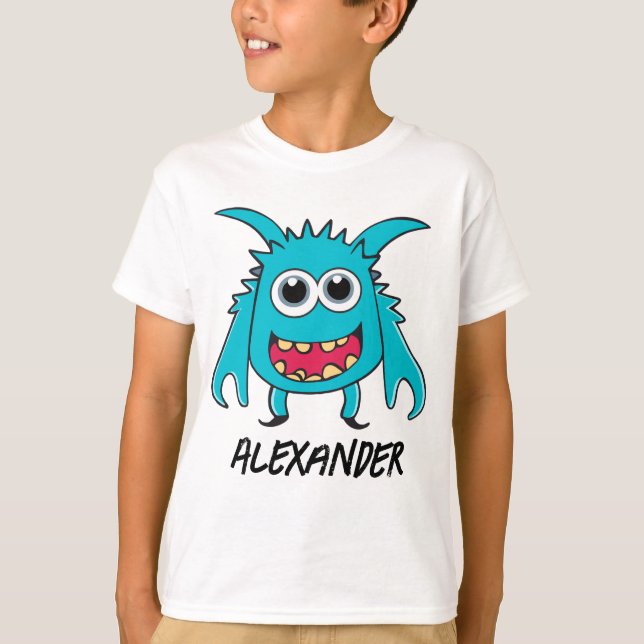 Funny Tecknad för Alien Blue Grönt Monster T Shirt (Framsida)