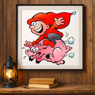 Funny Tecknad Gnome Riding Flies Gris Poster