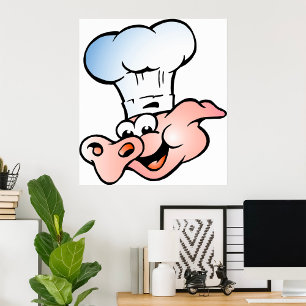 Funny Tecknad Gris Chef med Hat Poster