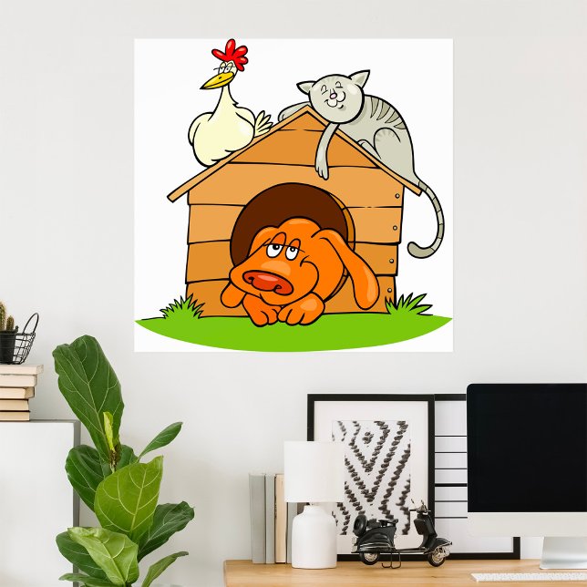 Funny Tecknad hund Cat och Chicken på Doghouse Poster (Skapare uppladdad)
