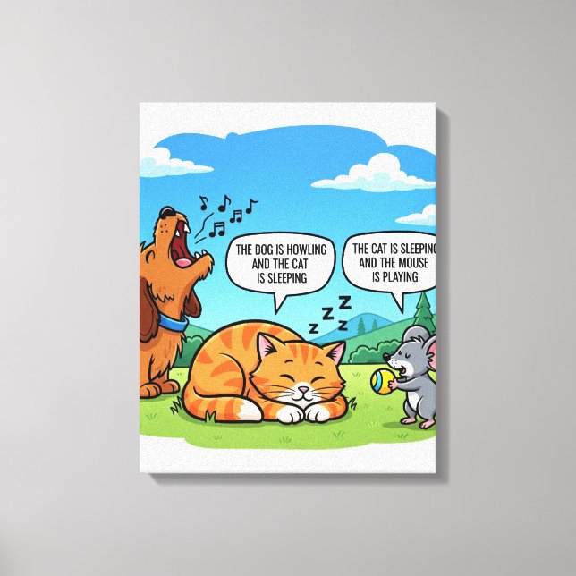 Funny Tecknad hund, Katt och mus Canvastryck (Framsida)