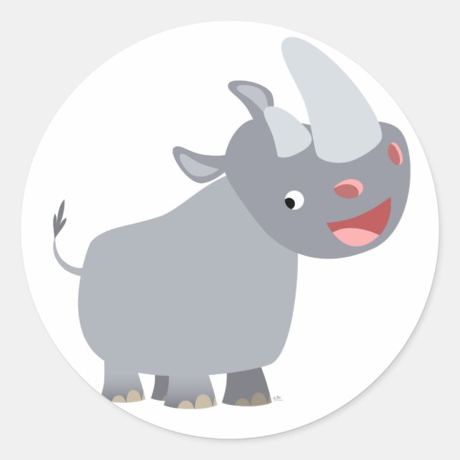 Funny Tecknad Rhino Sticker Runt Klistermärke (Framsida)