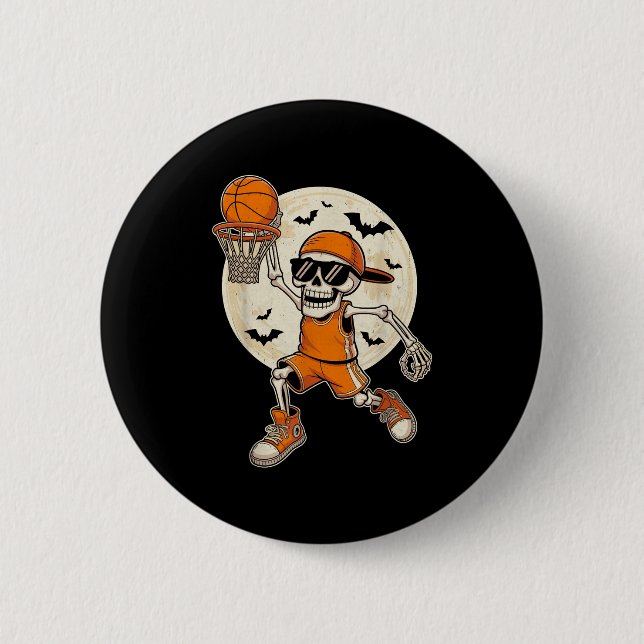 Funny Tecknad Skeleton Basketball Halloween Player Knapp (Framsida)