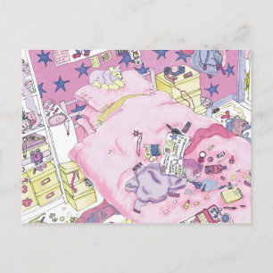 Funny Teenager Girls Messy Bedroom Cute Rosa Art Vykort
