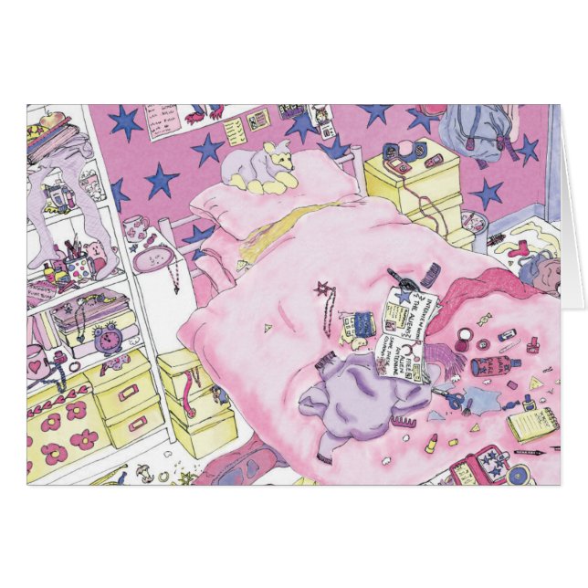 Funny Teenager Girls Messy Bedroom Rosa Art Hälsningskort (Framsidan Horizontal)