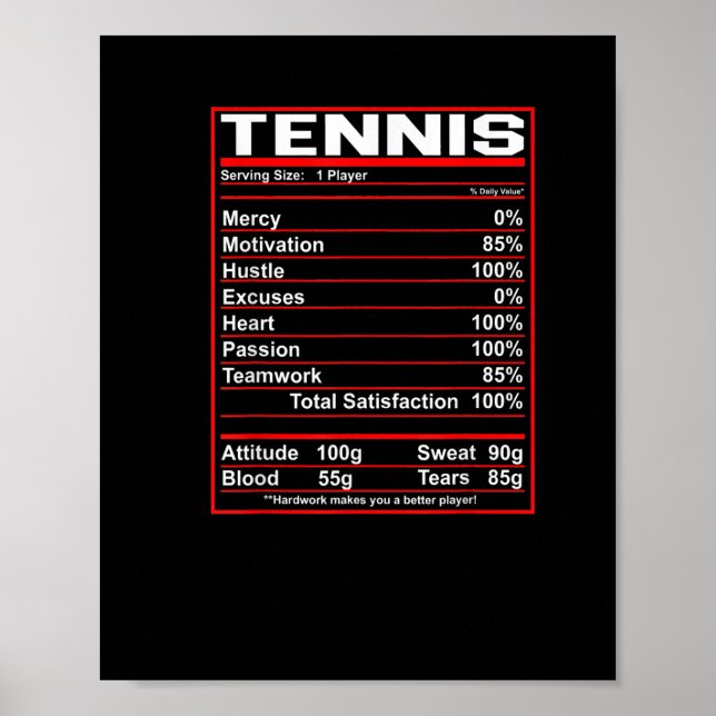 Funny Tennis Nutrition Facts Women Manar Poster (Framsidan)