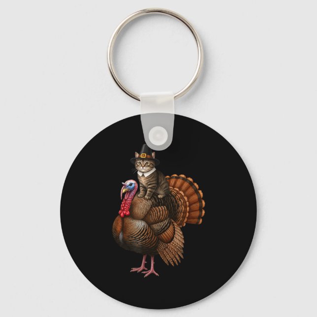 Funny Thanksgiving Cat On Turkey, Lgrim Hat Turkey Nyckelring (Framsida)