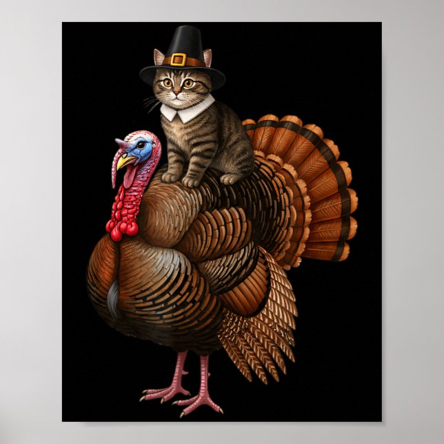 Funny Thanksgiving Cat On Turkey, Lgrim Hat Turkey Poster (Framsidan)