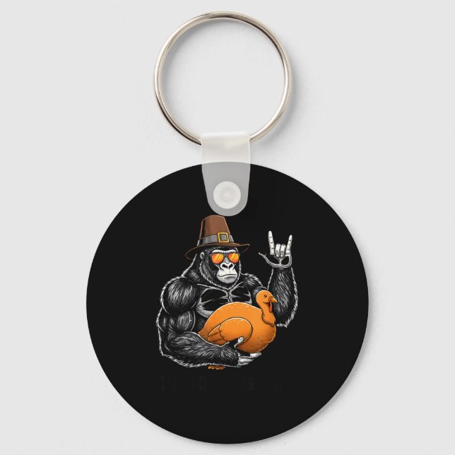 Funny Thanksgiving Gorilla Holding Turkey Lgrim Ha Nyckelring (Framsida)