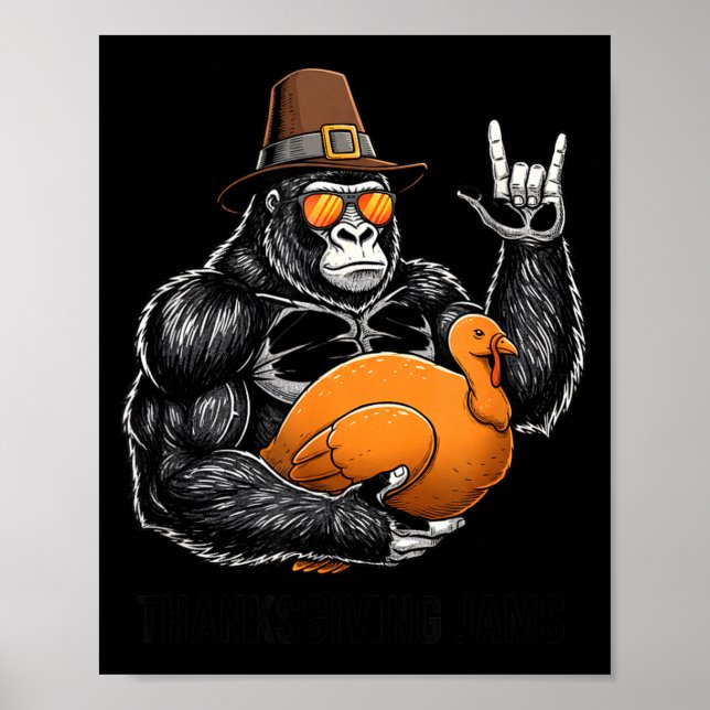Funny Thanksgiving Gorilla Holding Turkey Lgrim Ha Poster (Framsidan)