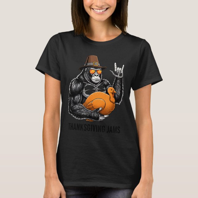 Funny Thanksgiving Gorilla Holding Turkey Lgrim Ha T Shirt (Framsida)