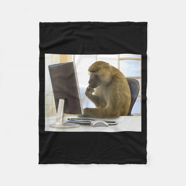 Funny Thinking Monkey Meme Office Curious Ape Brai Fleecefilt (Framsidan)
