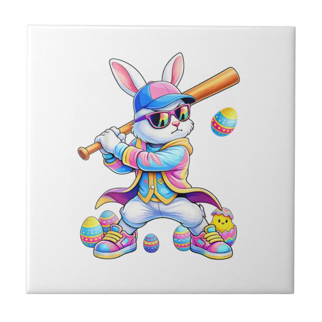 Funny Tie Dye Rabbit Baseball Easter Bunny Men Boy Kakelplatta (Framsidan)