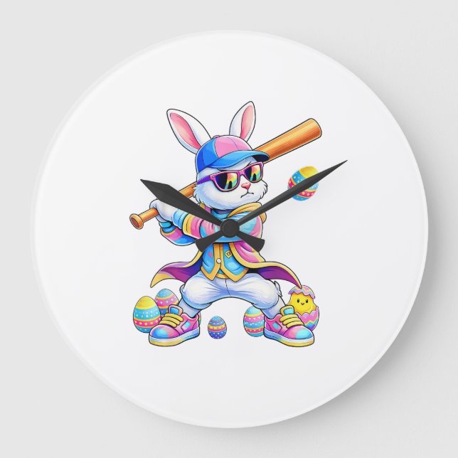 Funny Tie Dye Rabbit Baseball Easter Bunny Men Boy Stor Klocka (Framsida)