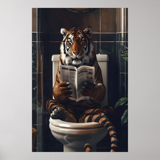 Funny Tiger Bathroom Print, Reading Newspaper on Poster (Framsidan)