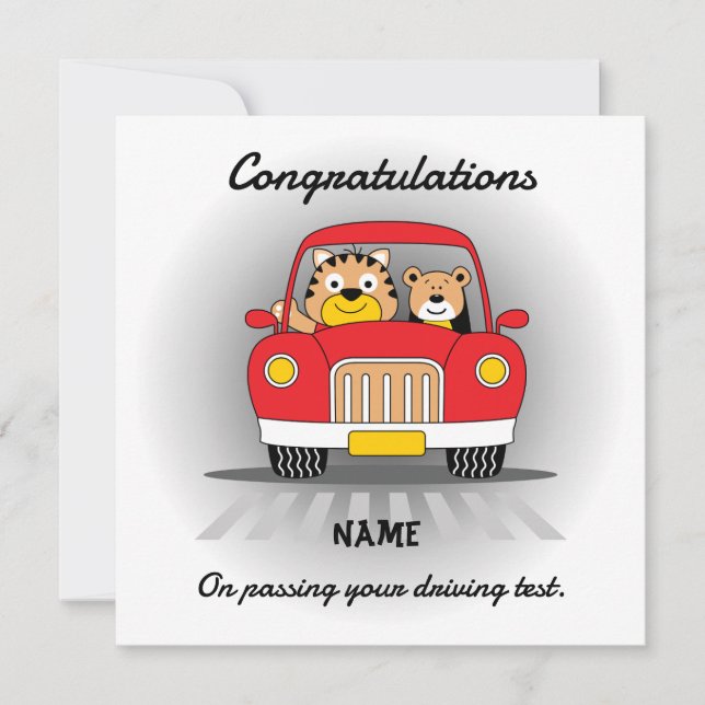 Funny tiger bear driving test congratulations card julkort (Framsida)