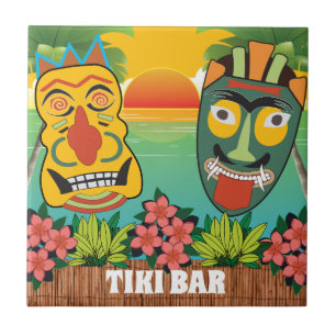 Funny Tiki Ansikte med tropiskt solnedfall Kakelplatta
