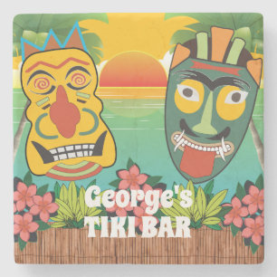 Funny Tiki Ansikte och tropiska solnedgångar Stenunderlägg