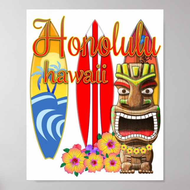Funny Tiki Honolulu Hawaii Surfing Poster (Framsidan)