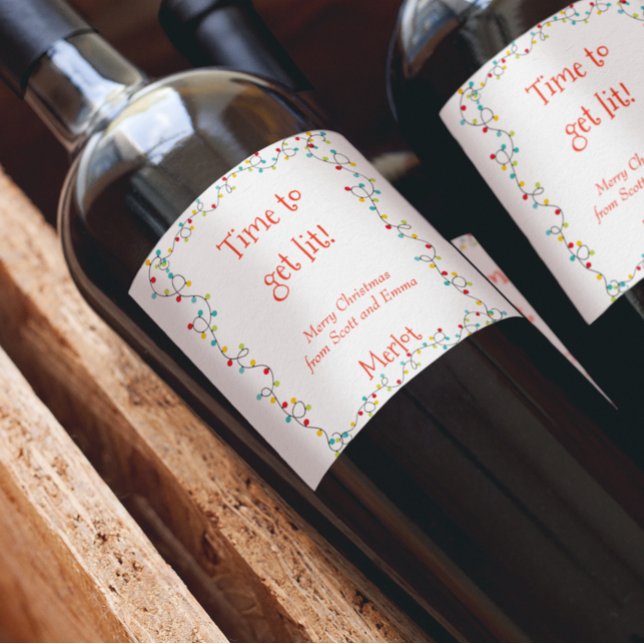 Funny Time to Get Lit Christmas Lights Vinflaska Etikett (Skapare uppladdad)