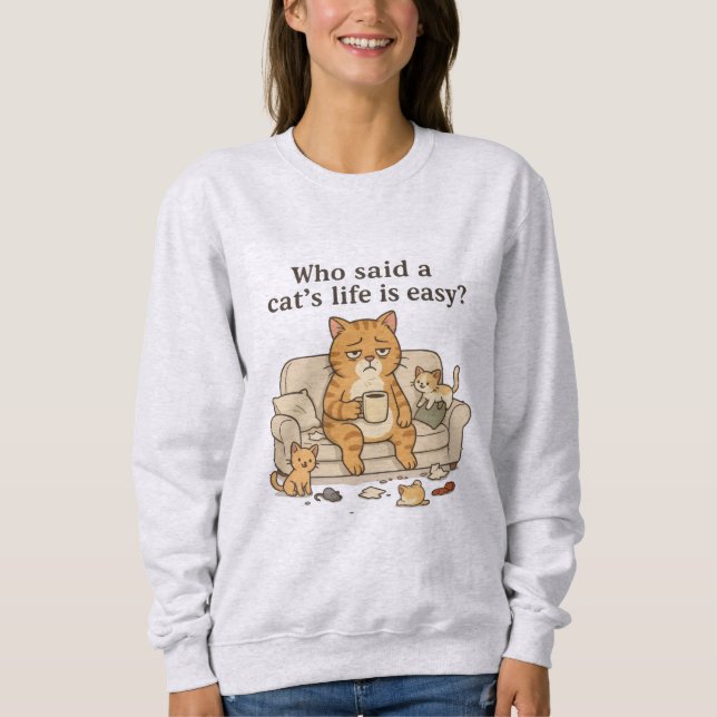 Funny Tired Cat Coffee Illustration Sweatshirt T Shirt (Framsida)