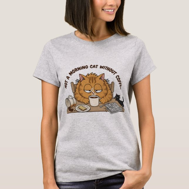 Funny Tired Orange Cat Breakfast Illustration T Shirt (Framsida)