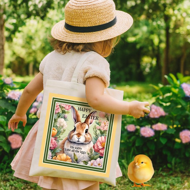 Funny Tjock Påskhare Egg Hunt Tygkasse (A funny tote bag featuring a fat bunny embraced by flowers. Beautiful for an Easter egg hunt.)