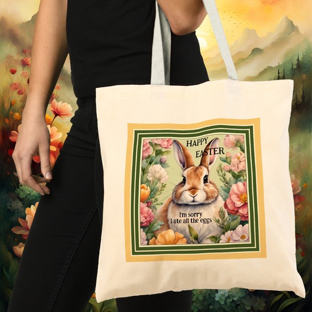 Funny Tjock Påskhare Egg Hunt Tygkasse (A funny tote bag featuring a fat bunny embraced by flowers. Beautiful for an Easter egg hunt.)