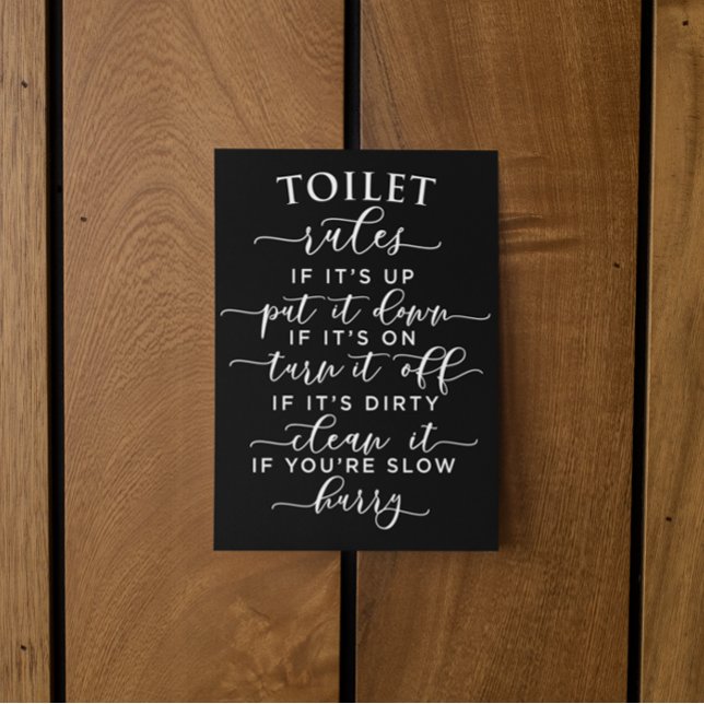 Funny Toilet Rules – Elegant White Text on Black Vykort (Funny Toilet Rules – Elegant White Text on Black Postcard)