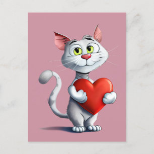Funny Tomcat Holding a Big Heart Vykort