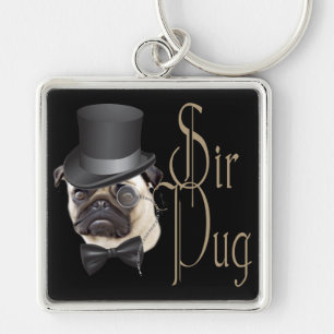 Funny Top hat Monocle Herr Pug Hund Fyrkantig Silverfärgad Nyckelring