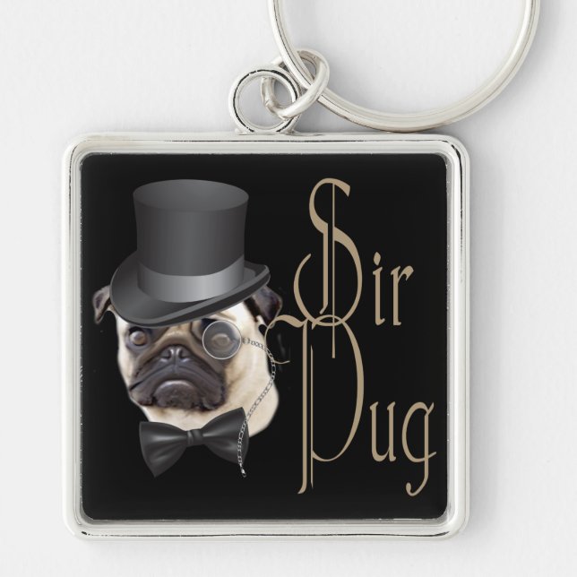 Funny Top hat Monocle Herr Pug Hund Fyrkantig Silverfärgad Nyckelring (Framsidan)
