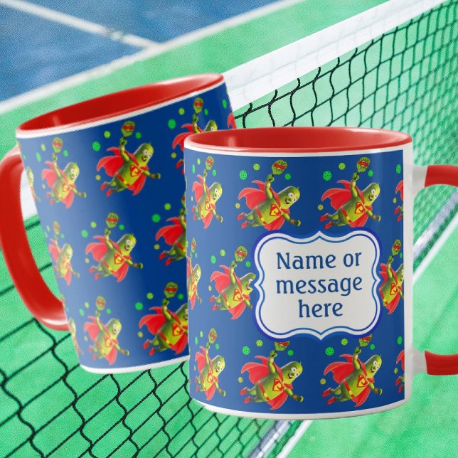 Funny Toppen Pickleman på Blue Personlig Mugg (Super Pickle People fly around this cute funny mug, personalize with name or message!)
