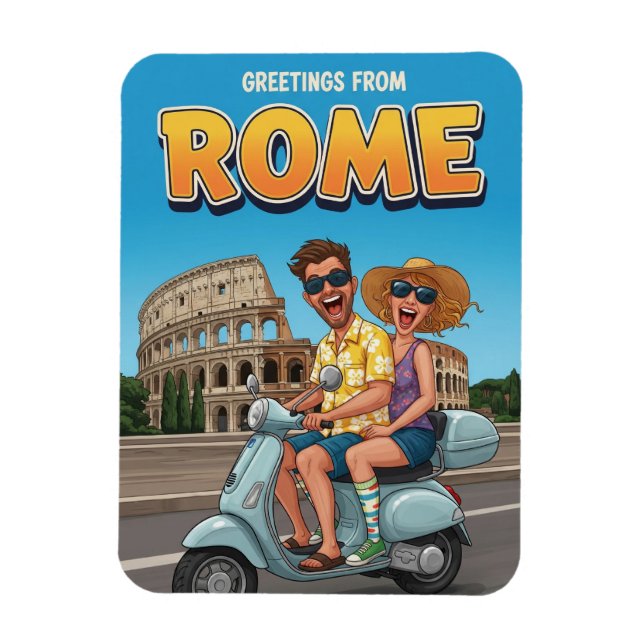 Funny Tourists on Vespa in Rome Italy Postcard Magnet (Vertikal)