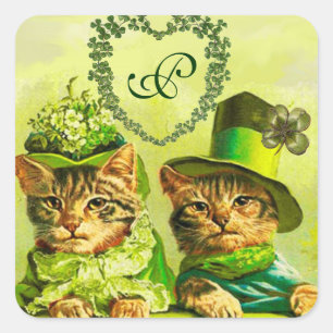 FUNNY TRADITIONELL ST PATRICK'S DAY CATS, SHAMROCK FYRKANTIGT KLISTERMÄRKE