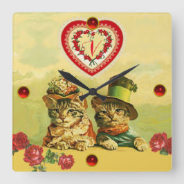 FUNNY TRADITIONELL VALENTINES DAY CATS,Hearts,Ro Fyrkantig Klocka