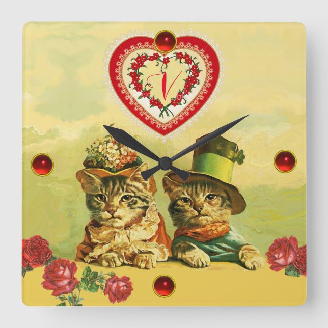 FUNNY TRADITIONELL VALENTINES DAY CATS,Hearts,Ro Fyrkantig Klocka (Framsida)