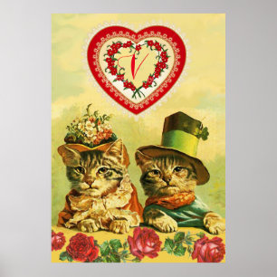FUNNY TRADITIONELL VALENTINES DAY CATS,Hearts,Ro Poster
