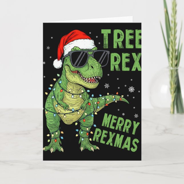 Funny Tree Rex Christmas Dinosaur Santa Hat Lights Kort (Framsida)