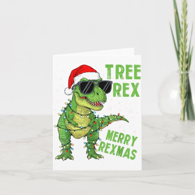 Funny Tree Rex Christmas Dinosaur Santa Hat Lights Kort (Framsida)