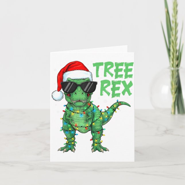 Funny Tree Rex Christmas Dinosaur Santa Hat Lights Kort (Framsida)
